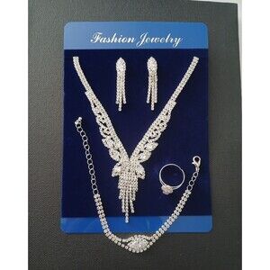 NEW Rhinestone 4PC Wedding Bridal Necklace Earrings Bracelet Ring Costume Jewel